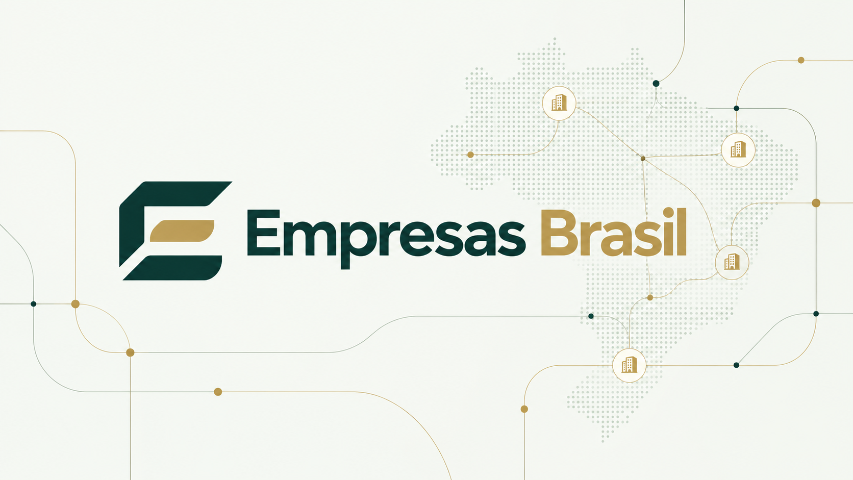 Marca Empresas Brasil em verde e dourado, com símbolo geométrico e mapa do Brasil formado por pontos e conexões