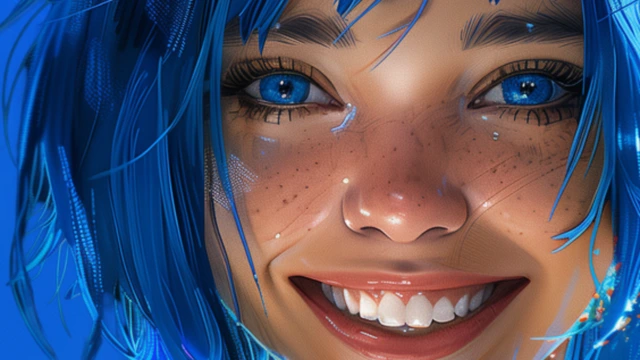 Retrato ilustrado em tons de azul de Flávia, a assistente de IA da FLAI, sorrindo