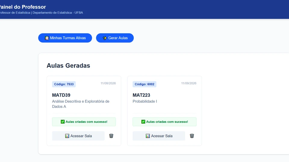 Painel do professor no Gerador de Aulas Dinâmicas, mostrando turmas de estatística da UFBA com aulas já geradas