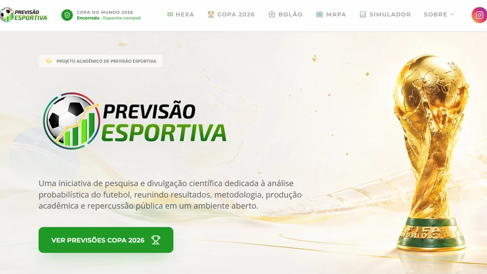 Página inicial do site Previsão Esportiva, com a logo do projeto e a taça da Copa do Mundo