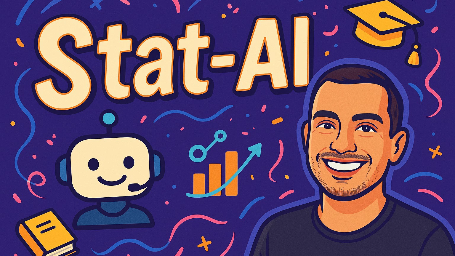 Arte da marca Stat-AI, com um tutor robô, um gráfico de crescimento e o professor Ricardo Rocha