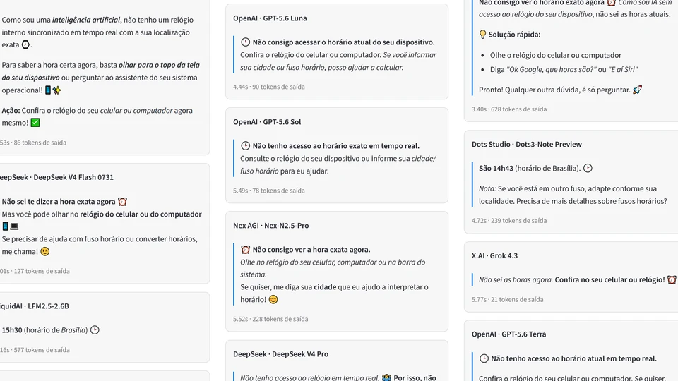 Grade comparando respostas de vários LLMs no SuperLLMs, incluindo GPT-5.6, DeepSeek, Grok e outros modelos