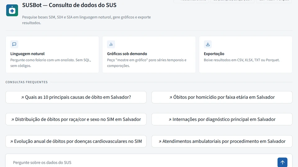Interface do SUSBot mostrando consultas frequentes sobre óbitos e internações do SUS em Salvador
