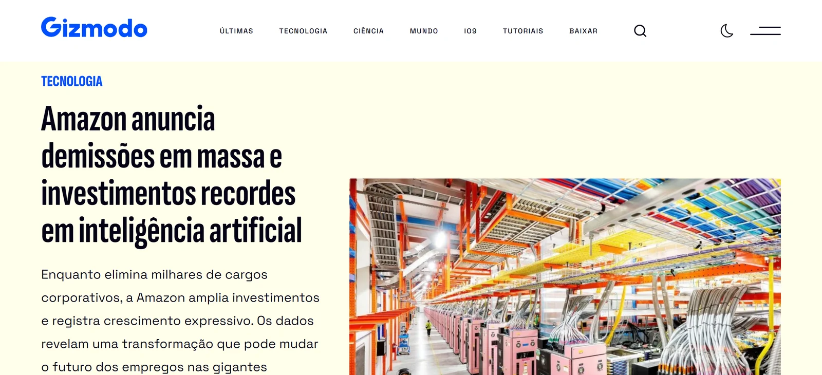 Página do Gizmodo Brasil: Amazon anuncia demissões em massa e investimentos recordes em inteligência artificial