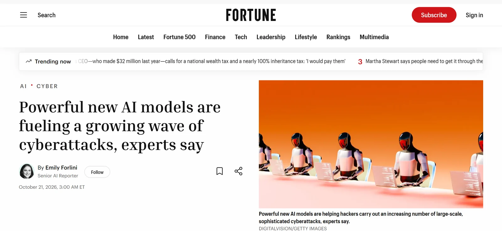 Página da Fortune: novos modelos de IA alimentam uma onda crescente de ataques cibernéticos