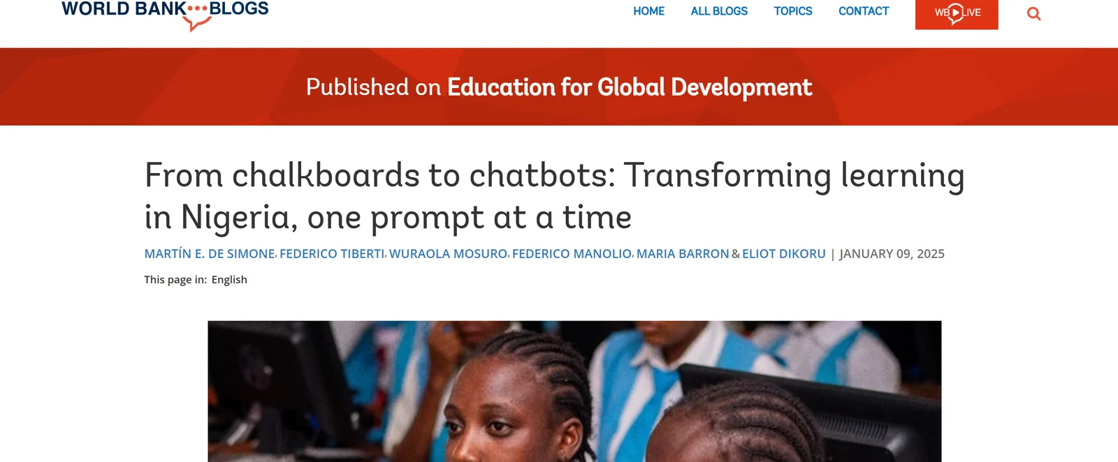 Página do blog do Banco Mundial: Do quadro-negro aos chatbots, transformando o aprendizado na Nigéria