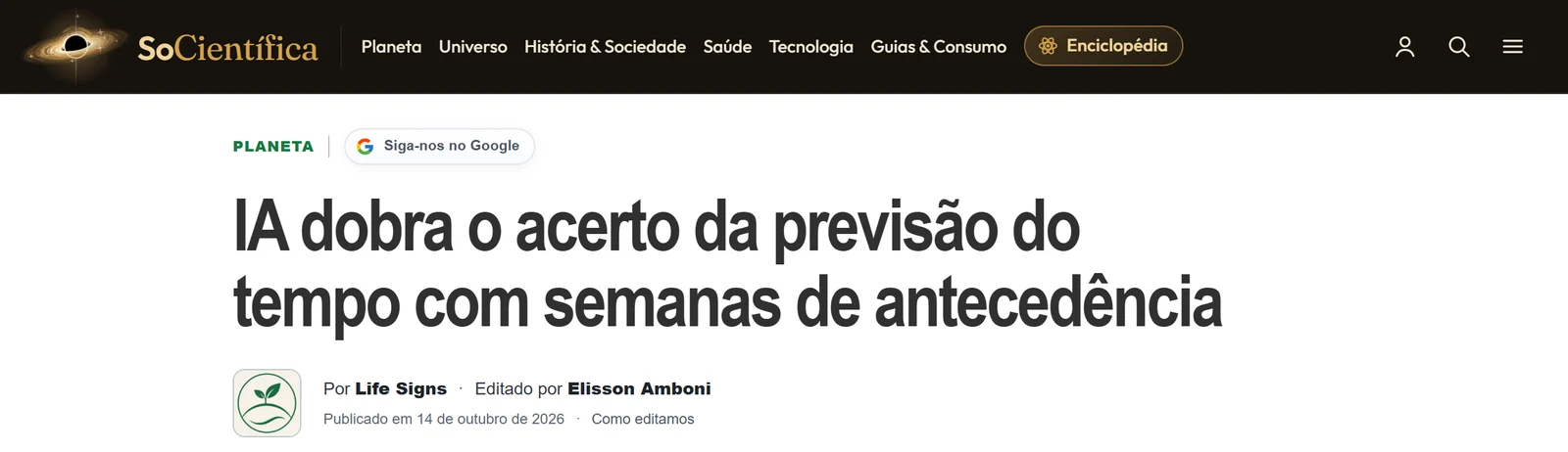 Página da SoCientífica: IA dobra o acerto da previsão do tempo com semanas de antecedência