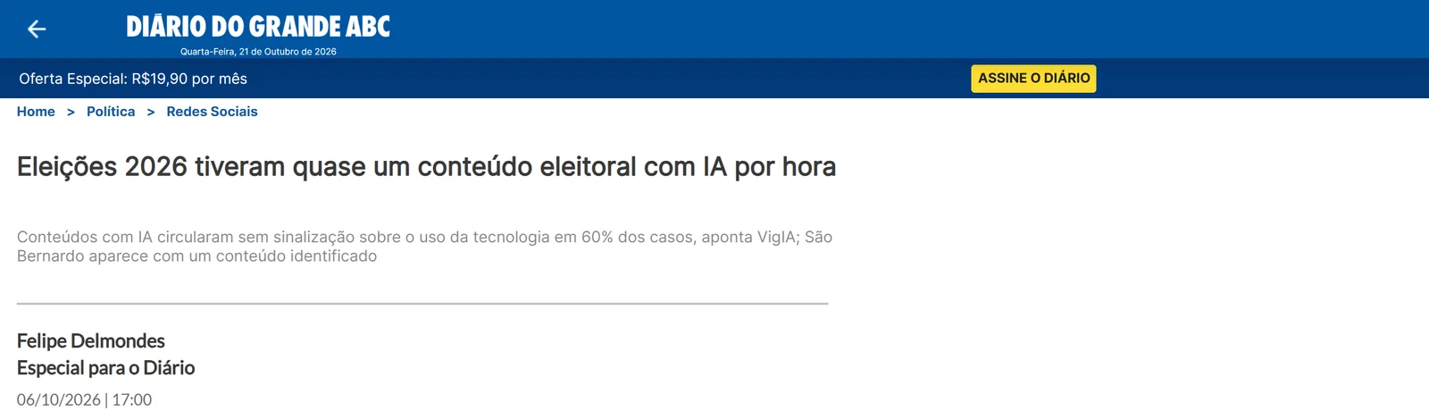 Página do Diário do Grande ABC: eleições 2026 tiveram quase um conteúdo eleitoral com IA por hora