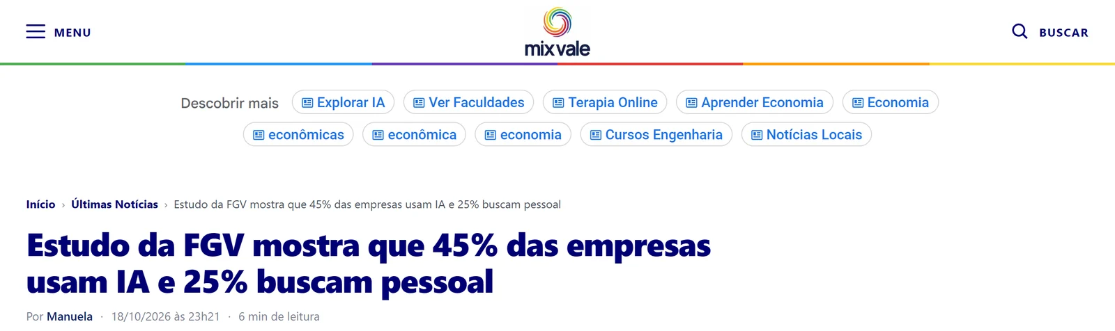 Página da Mix Vale: Estudo da FGV mostra que 45% das empresas usam IA e 25% buscam pessoal