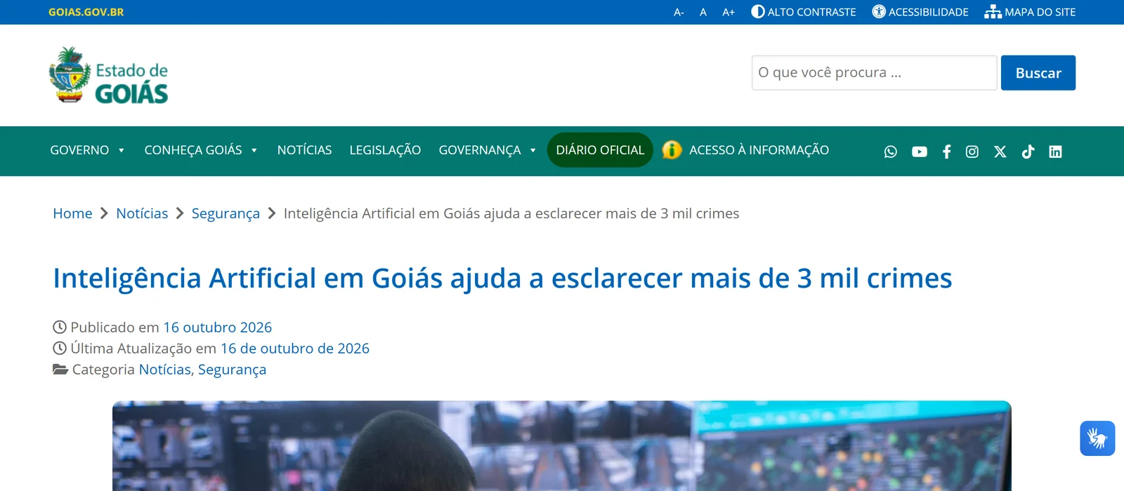 Página do Governo de Goiás: Inteligência Artificial em Goiás ajuda a esclarecer mais de 3 mil crimes