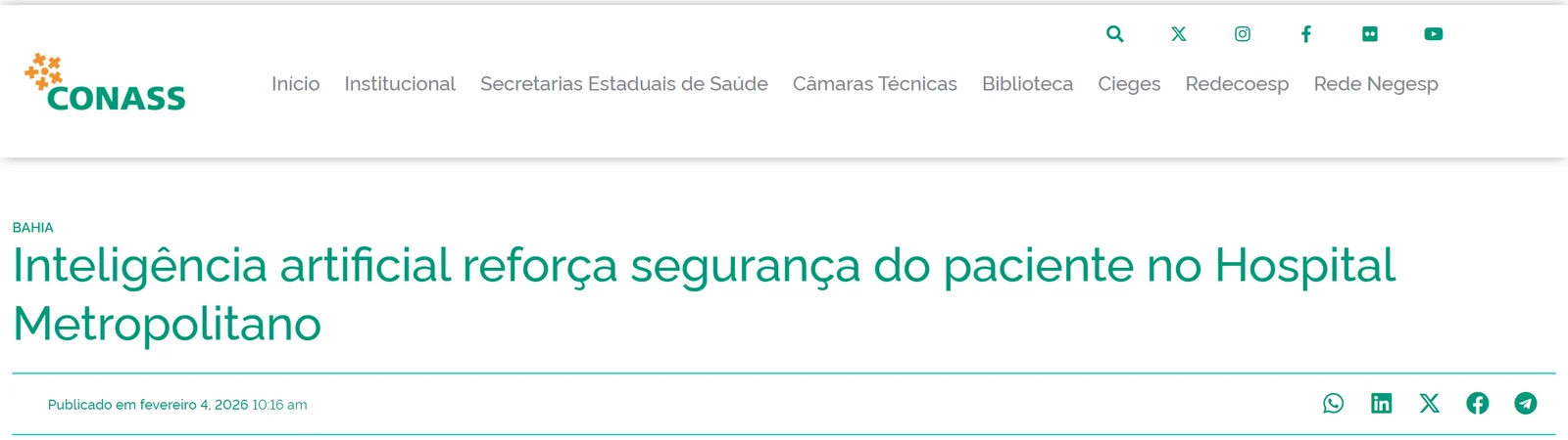 Página do Conass: Inteligência artificial reforça segurança do paciente no Hospital Metropolitano
