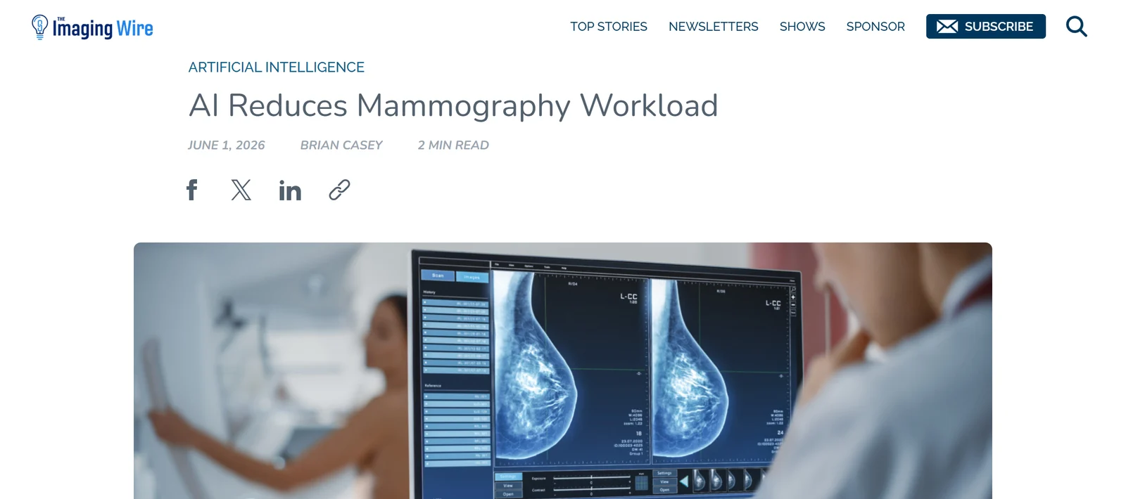 Página da The Imaging Wire: IA reduz a carga de trabalho na mamografia