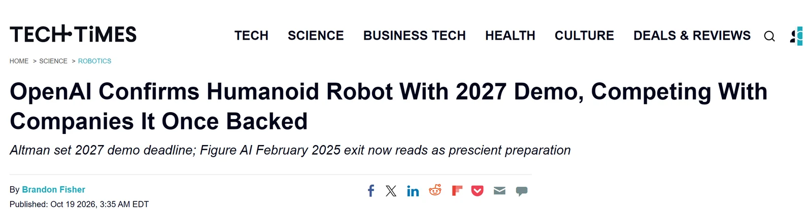Página da Tech Times: OpenAI confirma robô humanoide com demonstração em 2027