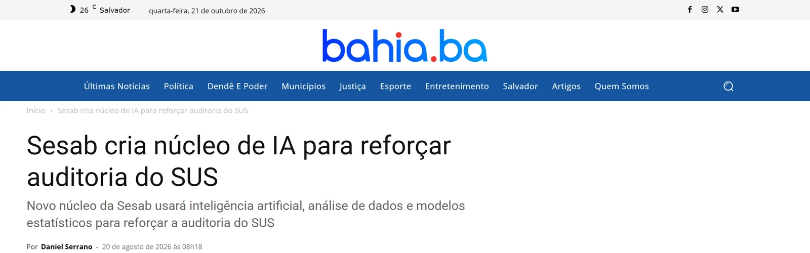 Página do bahia.ba: Sesab cria núcleo de IA para reforçar auditoria do SUS