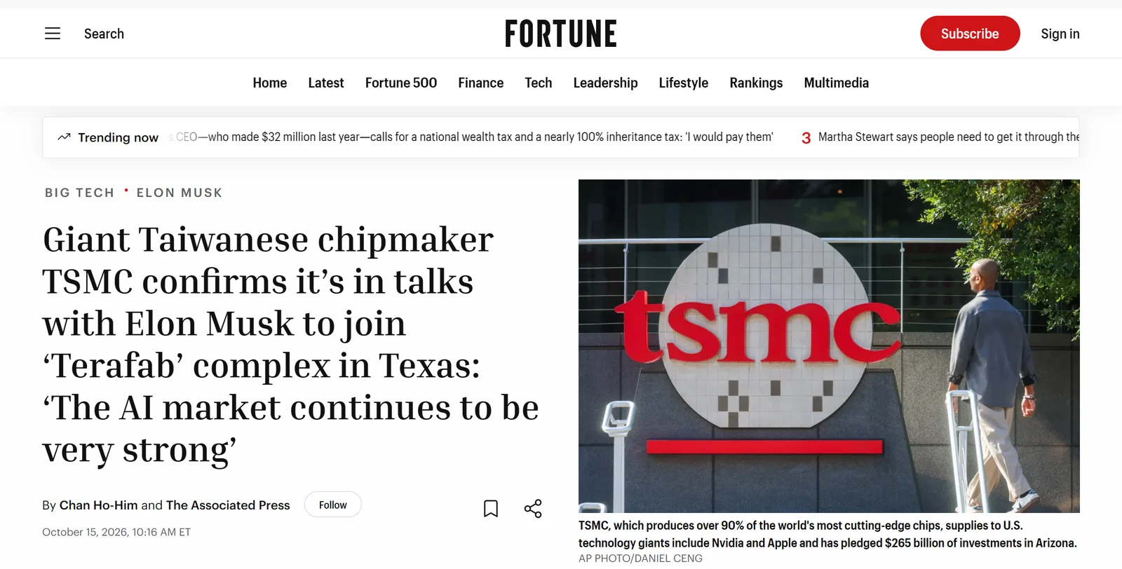Página da Fortune: TSMC confirma conversas com Elon Musk para entrar no complexo Terafab, no Texas