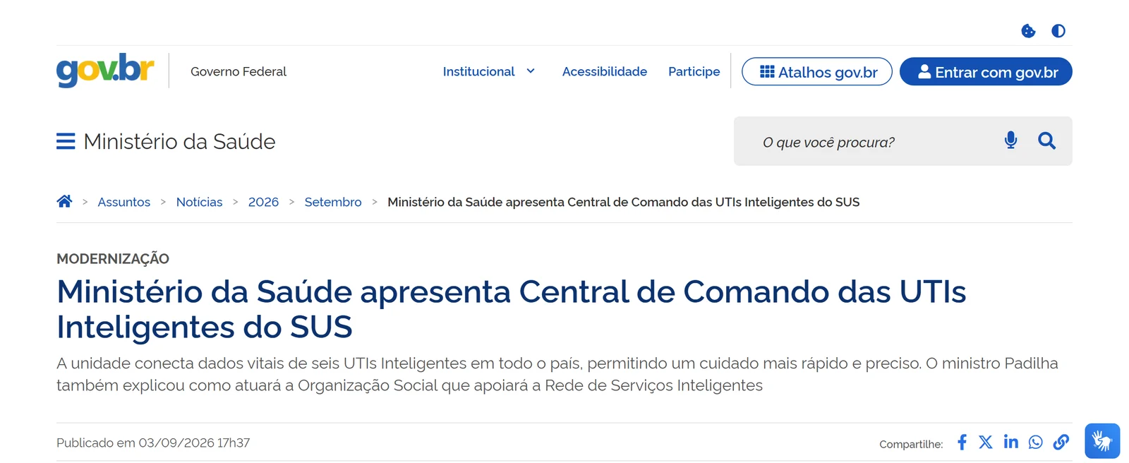 Página do Ministério da Saúde: Ministério apresenta Central de Comando das UTIs Inteligentes do SUS